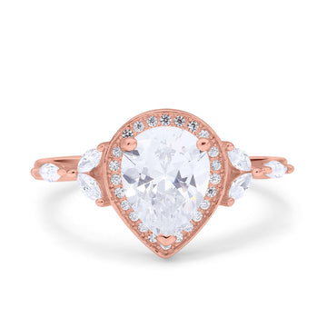 14K Rose Gold Teardrop Pear Art Deco Engagement Wedding Bridal Halo Ring Round Marquise Simulated CZ Size-7